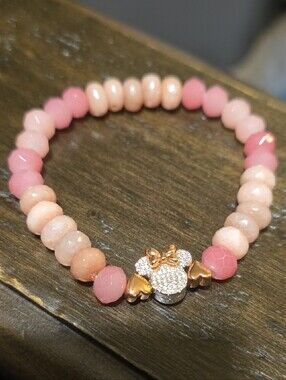 Pink Beaded Minnie-Inspired Stretch Bracelet with Gold Accents